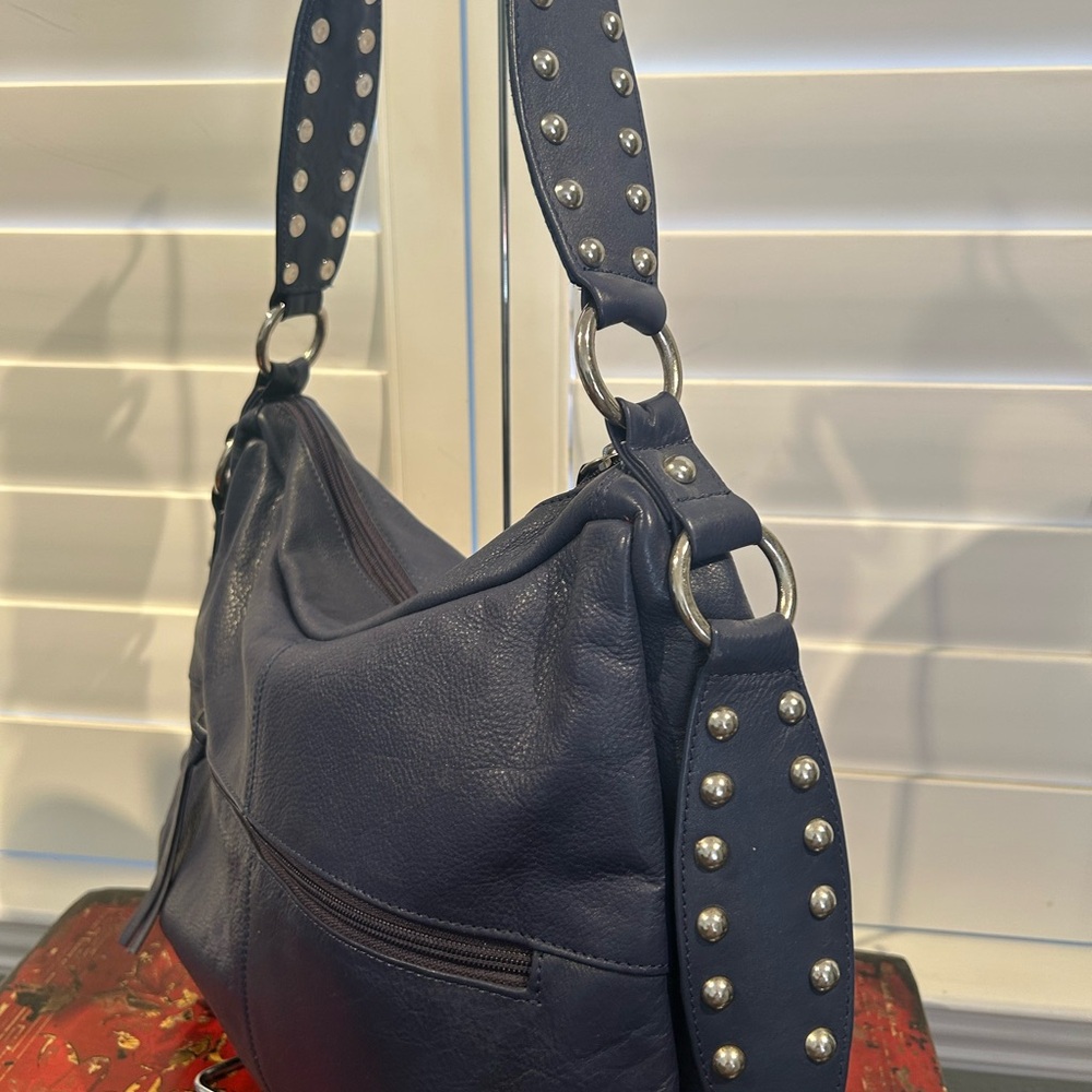 Blue Studded Shoulder Bag with silver Accents